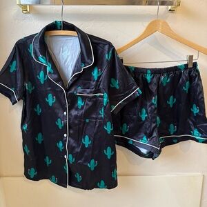 Black Satin Pajama Set with Cactus Print